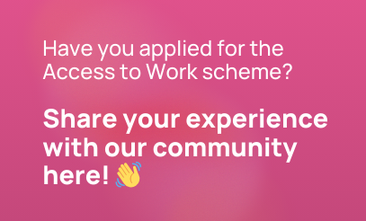Text on pink background asks about applying for Access to Work scheme, invites to share experiences with a waving hand emoji.