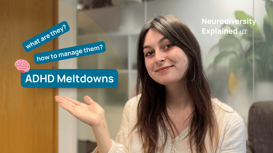 A person gestures while discussing ADHD meltdowns, with text on the image asking about their nature and management.